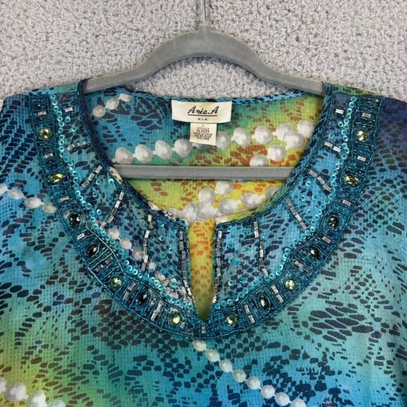 Aris A Silk Top Large Sheer Boho Artsy Gauzy Beaded Embellished Colorful USA - Picture 2 of 11